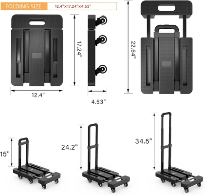 6 Wheels Black Collapsible Grocery Cart Dolly Platform Cart Foldable Hand Trolley